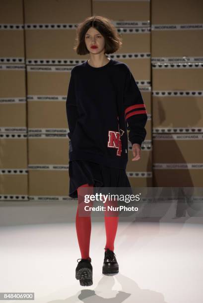 Model walks the runway of Nicopanda show during London Fashion Week September 2017, London on September 16, 2017.