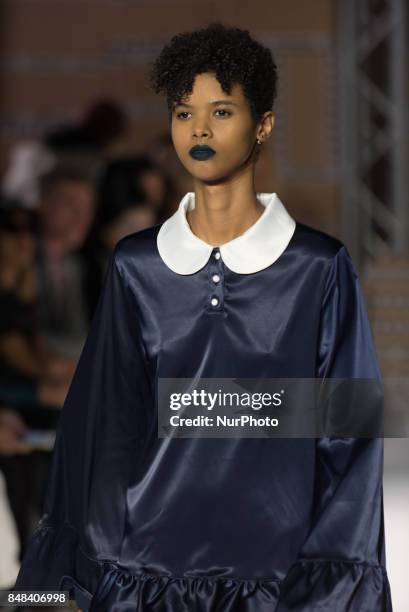 Model walks the runway of Nicopanda show during London Fashion Week September 2017, London on September 16, 2017.