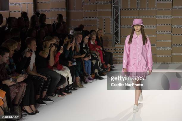Model walks the runway of Nicopanda show during London Fashion Week September 2017, London on September 16, 2017.