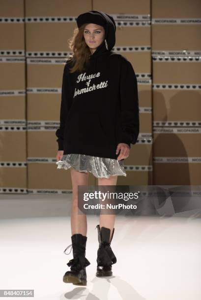 Model walks the runway of Nicopanda show during London Fashion Week September 2017, London on September 16, 2017.