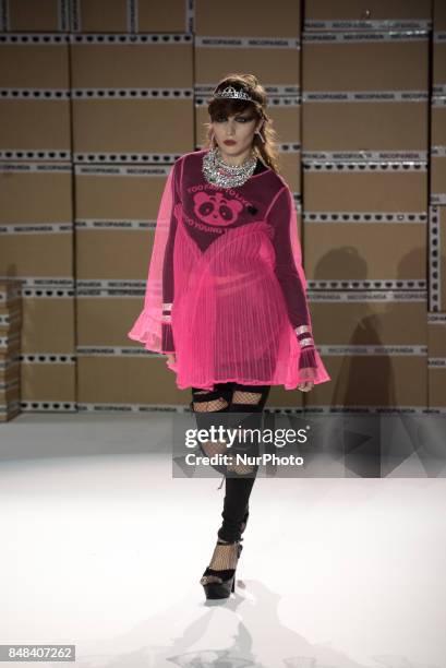 Model walks the runway of Nicopanda show during London Fashion Week September 2017, London on September 16, 2017.