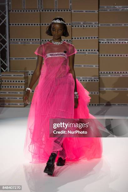 Model walks the runway of Nicopanda show during London Fashion Week September 2017, London on September 16, 2017.