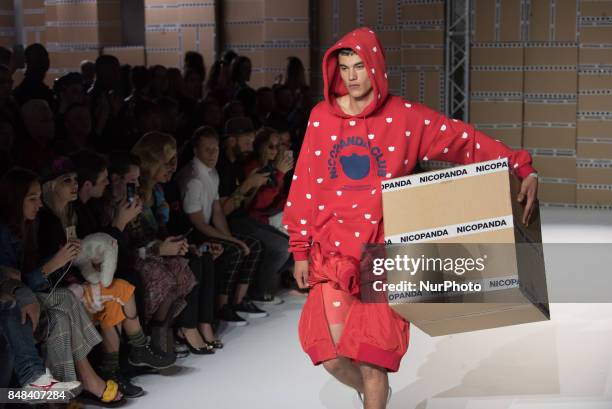 Model walks the runway of Nicopanda show during London Fashion Week September 2017, London on September 16, 2017.