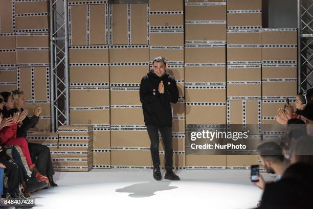 Designer Nicola Formichetti walks the runway at the end Nicopanda show during London Fashion Week September 2017, London on September 16, 2017.