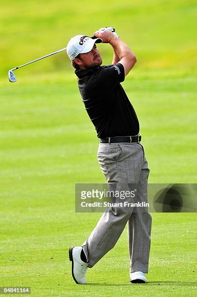 Graeme McDowell of Northern Ireland hits a shot during the practice of the Northern Trust Open at the Riviera Country Club February 17, 2009 in...