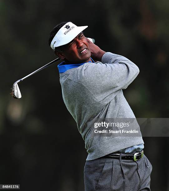 Vijay Singh of Fiji hits a shot during the practice of the Northern Trust Open at the Riviera Country Club February 17, 2009 in Pacific Palisades,...