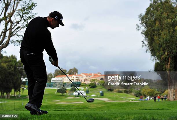 Soren Hansen of Denmark hits a shot during the practice of the Northern Trust Open at the Riviera Country Club February 17, 2009 in Pacific...