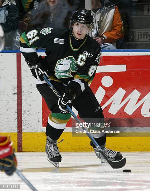 John Tavares of the London Knights skates with the puck in a game against the Erie Otters on February 13, 2009 at the John Labatt Centre in London,...