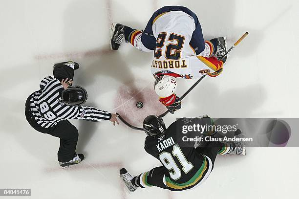 Nazem Kadri of the London Knights takes a face off against Zack Torquato of the Erie Otters in a game on February 13, 2009 at the John Labatt Centre...