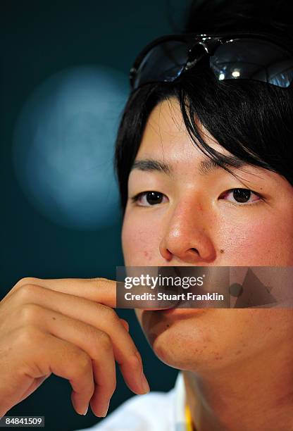 Ryo Ishikawa of Japan ponders a question during his press conference after practice of the Northern Trust Open at the Riviera Country Club February...