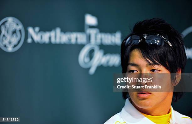 Ryo Ishikawa of Japan attends a press conference after practice of the Northern Trust Open at the Riviera Country Club February 17, 2009 in Pacific...