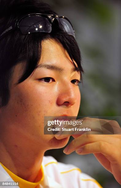 Ryo Ishikawa of Japan ponders a question during his press conference after practice of the Northern Trust Open at the Riviera Country Club February...
