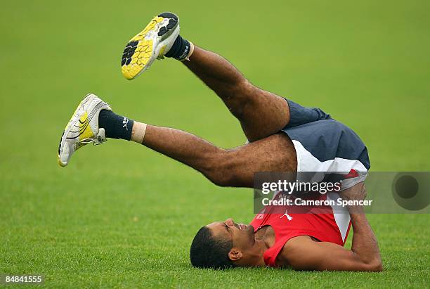 Michael O'Loughlin of the Swans warms up during a Sydney Swans AFL training session held at Lakeside Oval February 18, 2009 in Sydney, Australia.