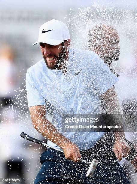 Romain Wattel of France celebrates winning the trophy during Day Four of the KLM Open at The Dutch on September 17, 2017 in Spijk, Netherlands.