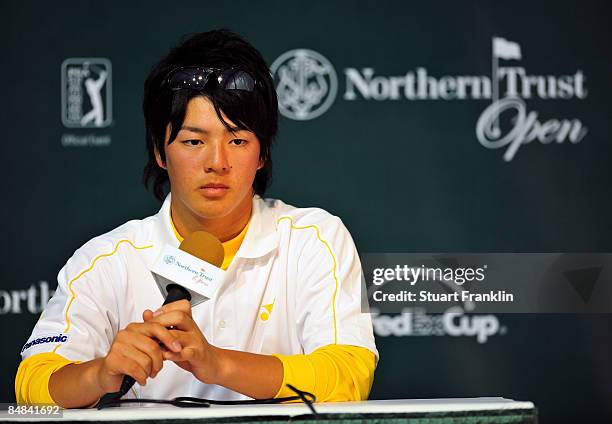 Ryo Ishikawa of Japan attends a press conference after practice of the Northern Trust Open at the Riviera Country Club February 17, 2009 in Pacific...