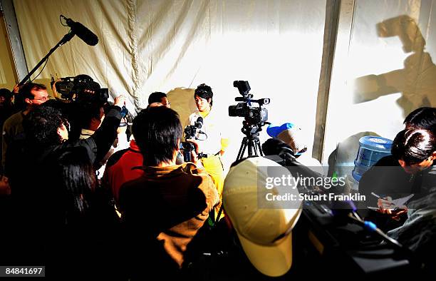 Ryo Ishikawa of Japan answers questions from the media after his press conference after practice of the Northern Trust Open at the Riviera Country...