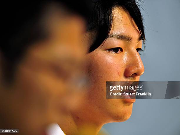 Ryo Ishikawa of Japan attends a press conference after practice of the Northern Trust Open at the Riviera Country Club February 17, 2009 in Pacific...