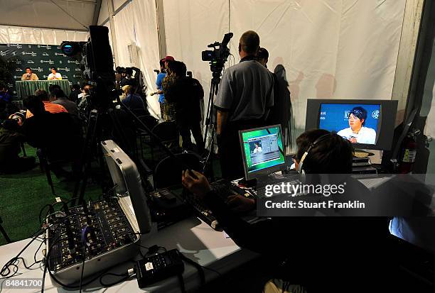 Ryo Ishikawa of Japan answers questions from the media during his press conference after practice of the Northern Trust Open at the Riviera Country...