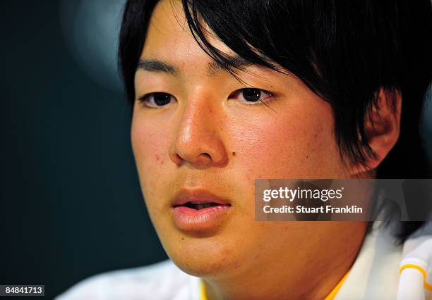 Ryo Ishikawa of Japan attends a press conference after practice of the Northern Trust Open at the Riviera Country Club February 17, 2009 in Pacific...