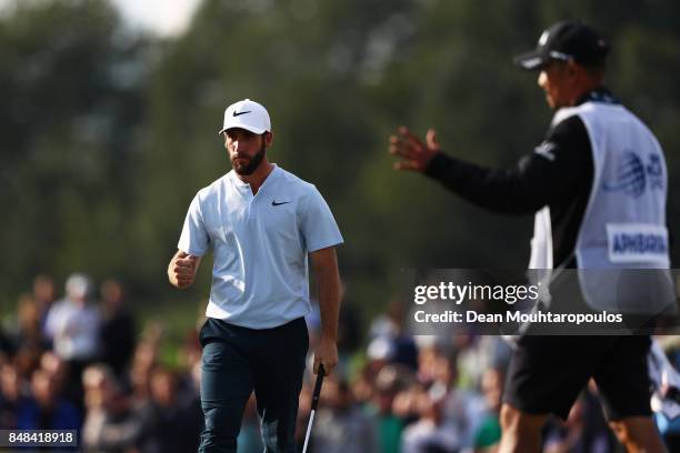 Romain Wattel of France celebrates on the 18th hole during Day Four of the KLM Open at The Dutch on September 17, 2017 in Spijk, Netherlands.