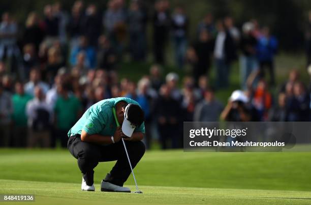 Kiradech Aphibarnrat of Thailand reacts on the 18th hole during Day Four of the KLM Open at The Dutch on September 17, 2017 in Spijk, Netherlands.