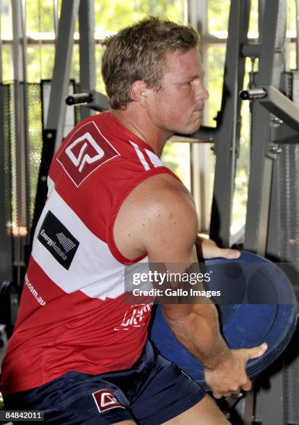 Daniel Braid lifts weights during a Queensland Reds weights session held at Virgin Active February 17, 2009 in Cape Town, South Africa.