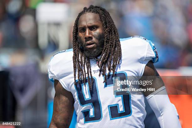 Erik Walden of the Tennessee Titans on the sidelines before a game against the Oakland Raiders at Nissan Stadium on September 10, 2017 in Nashville,...