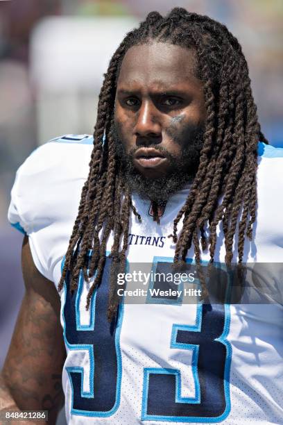 Erik Walden of the Tennessee Titans on the sidelines before a game against the Oakland Raiders at Nissan Stadium on September 10, 2017 in Nashville,...