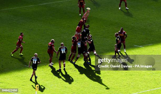 Harlequins George Merrick reaches for a lineout during the Aviva Premiership match at the Ricoh Arena, Coventry.
