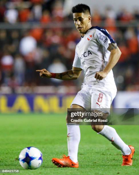 Maximilano Meza of Independiente kicks the ball during a match between Independiente and Lanus as part of the Superliga 2017/18 at Libertadores de...