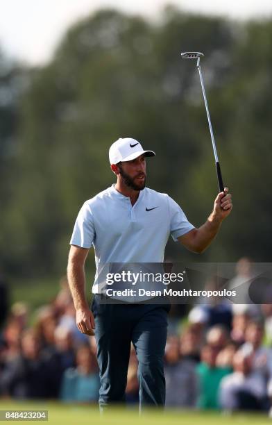 Romain Wattel of France acknowledges the crowd on the 18th hole during Day Four of the KLM Open at The Dutch on September 17, 2017 in Spijk,...