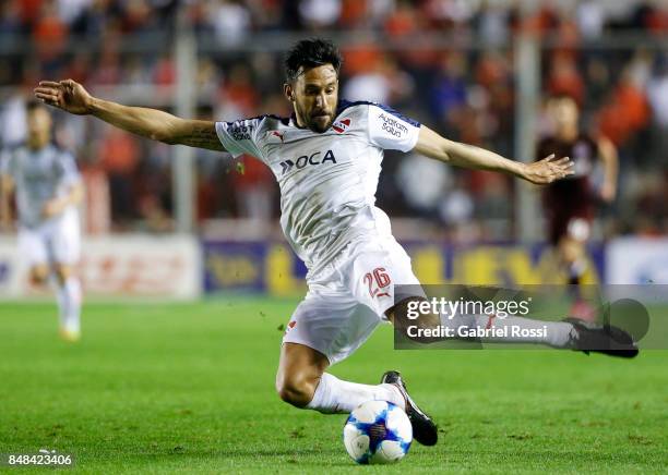 Jonas Gutierrez of Independiente kicks the ball during a match between Independiente and Lanus as part of the Superliga 2017/18 at Libertadores de...