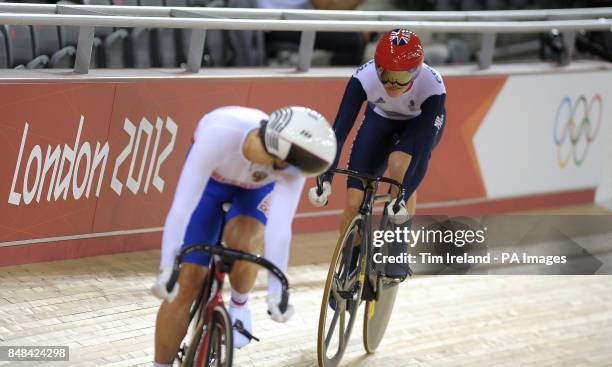 Great Britain's Victoria Pendleton in action against Russia's Ekaterina Gnidenko in the Women's Sprint 1/16 Finals at the Velodrome in the Olympic...