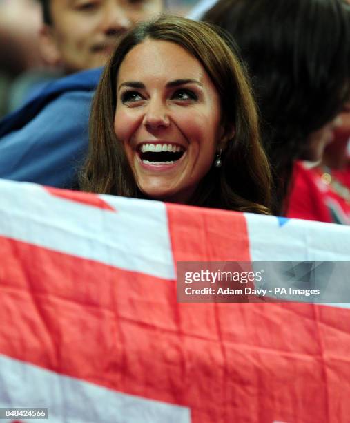 The Duchess of Cambridge watches the Men's Pommel Horse Final, at North Greenwich Arena, London during day nine of the London 2012 Olympics.