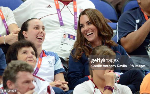 The Duchess of Cambridge speaks with Great Britain's Beth Tweddle during the Men's Pommel Horse Final, at North Greenwich Arena, London during day...