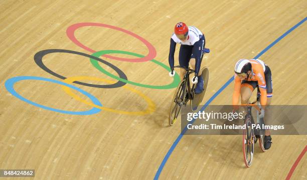 Great Britain's Victoria Pendleton during her victory against Netherland's Willy Kanis in the Women's Sprint 1/8 Finals at the Velodrome in the...