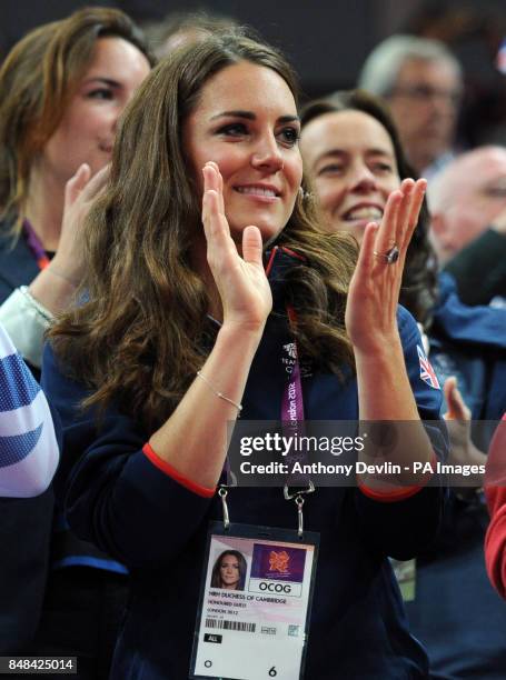 The Duchess of Cambridge applauds during the Men's Pommel Horse Final, at North Greenwich Arena, London during day nine of the London 2012 Olympics.