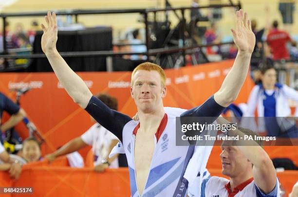 Great Britain's Ed Clancy celebrates after winning bronze in the Men's Omnium event at the Velodrome in the Olympic Park, during day nine of the...