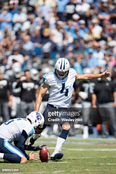 Ryan Succop of the Tennessee Titans attempts a field goal during a game against the Oakland Raiders at Nissan Stadium on September 10, 2017 in...