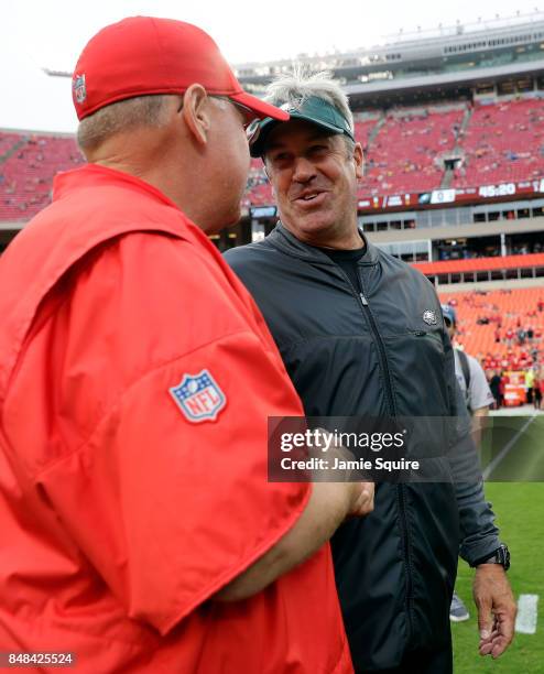 Head coach Andy Reid of the Kansas City Chiefs and head coach Doug Pederson of the Philadelphia Eagles greet each other prior to the game at...
