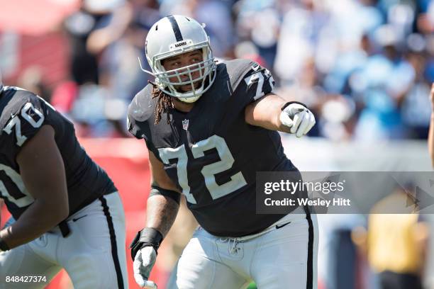 Donald Penn of the Oakland Raiders at the line of scrimmage during a game against the Tennessee Titans at Nissan Stadium on September 10, 2017 in...