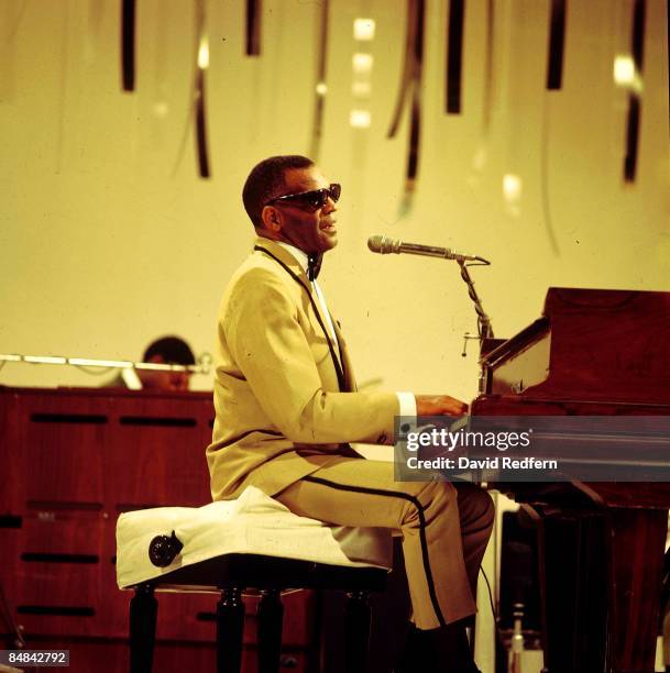 American singer, songwriter and pianist Ray Charles performs on stage during the recording of a television show for the BBC2 channel at BBC...