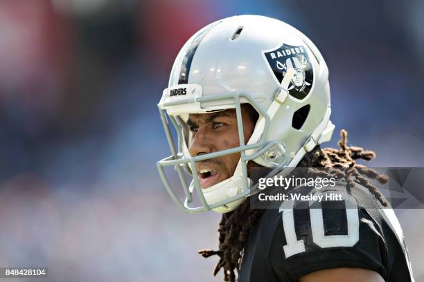 Seth Roberts of the Oakland Raiders looks to the sidelines during a game against the Tennessee Titans at Nissan Stadium on September 10, 2017 in...