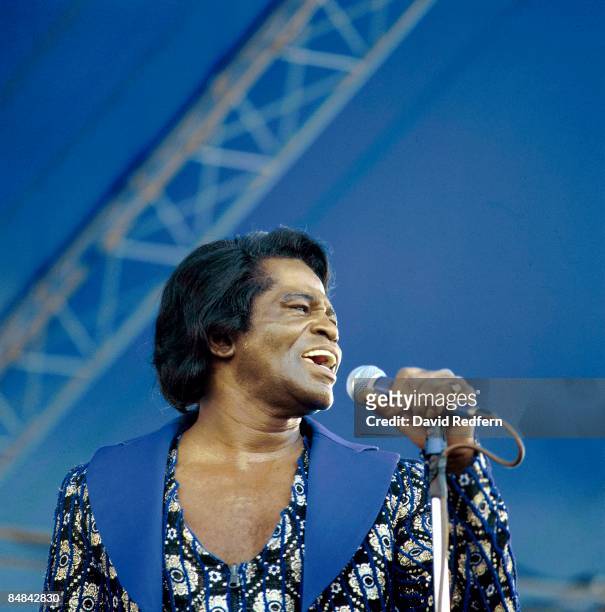 American soul singer and songwriter James Brown performs live on stage at the New Orleans Jazz & Heritage Festival in New Orleans, Louisiana, United...