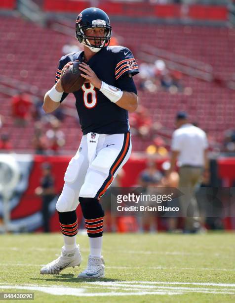Quarterback Mike Glennon of the Chicago Bears warms up before the start of an NFL football game against the Tampa Bay Buccaneers on September 17,...