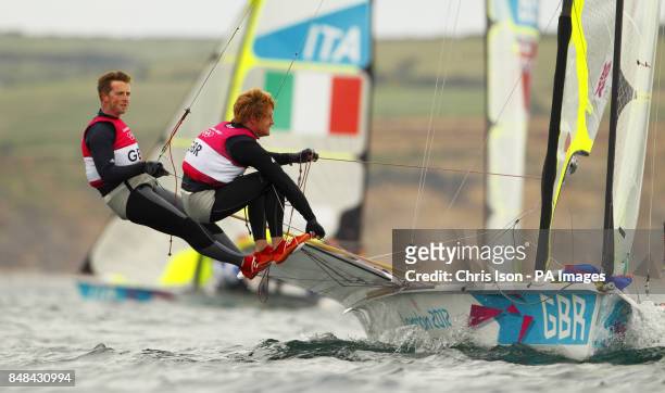 Great Britain's Stevie Morrison and Ben Rhodes racing their 49er skiff at the Olympics on Weymouth Bay today. The pair will compete in the Medal Race...