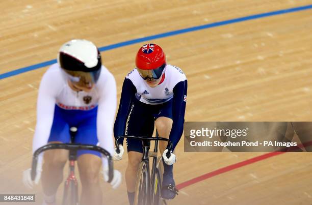 Great Britain's Victoria Pendleton in action against Russia's Ekaterina Gnidenko in the women's sprint at the Olympic Velodrome, London, on the ninth...
