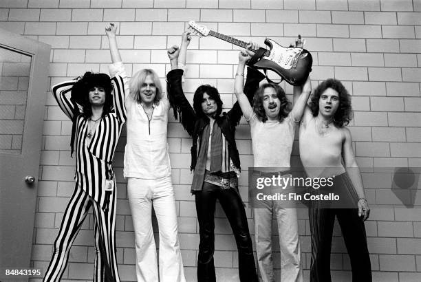 Photo of AEROSMITH and Tom HAMILTON and Steven TYLER and Joey KRAMER and Joe PERRY and Brad WHITFORD; L-R: Steven Tyler, Tom Hamilton, Joe Perry,...