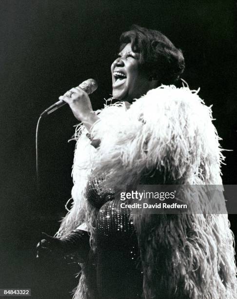American soul singer Aretha Franklin performs live on stage at the New Victoria Theatre in London in 1980.