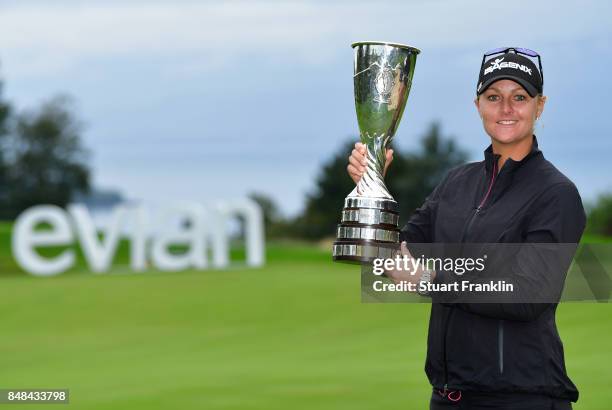 Anna Nordqvist of Sweden holds the trophy after winning during the play off after the final round of The Evian Championship at Evian Resort Golf Club...